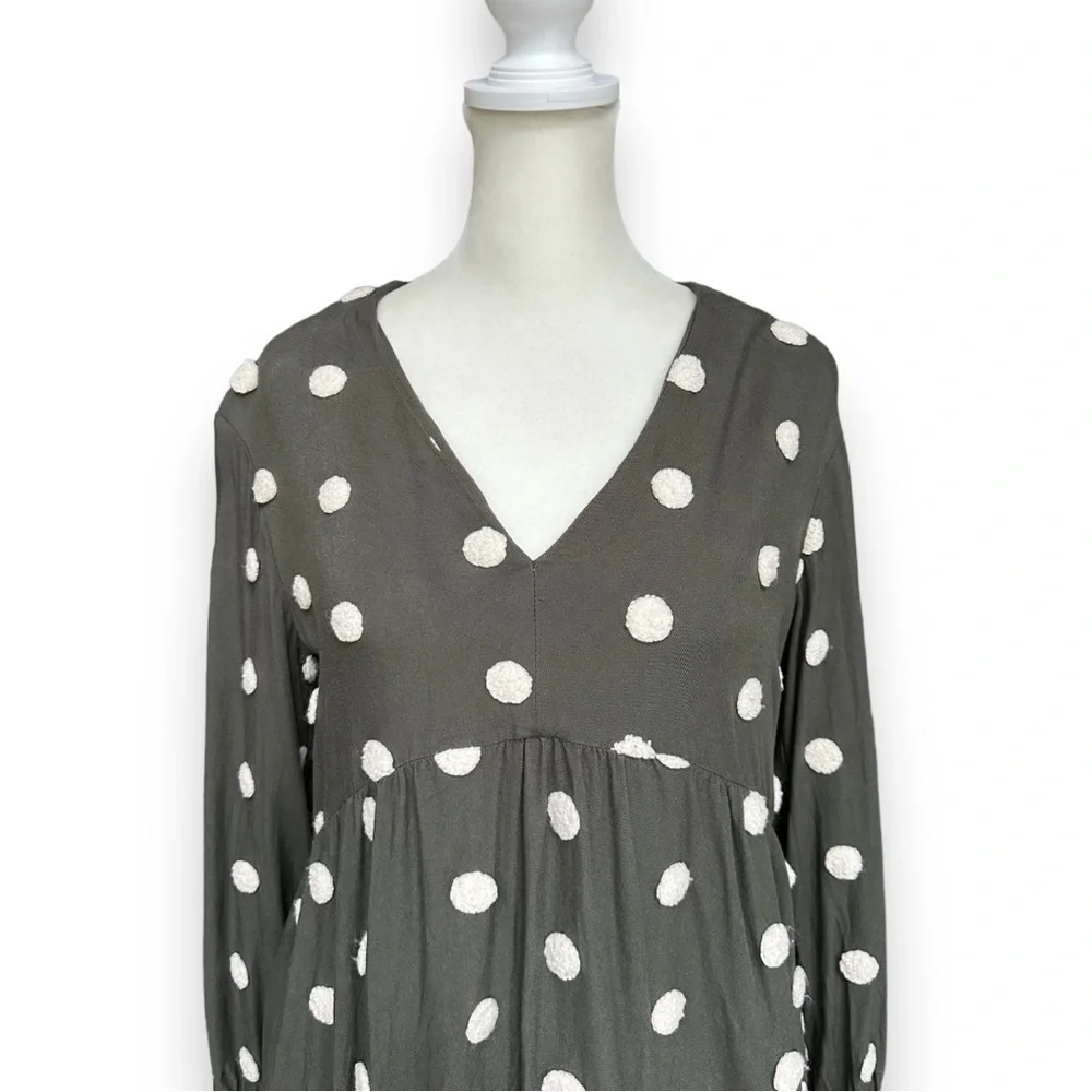 Zara Khaki Green Embroidered Polka Dot Long Sleeve Baby-Doll Dress | Medium - Picture 6 of 14